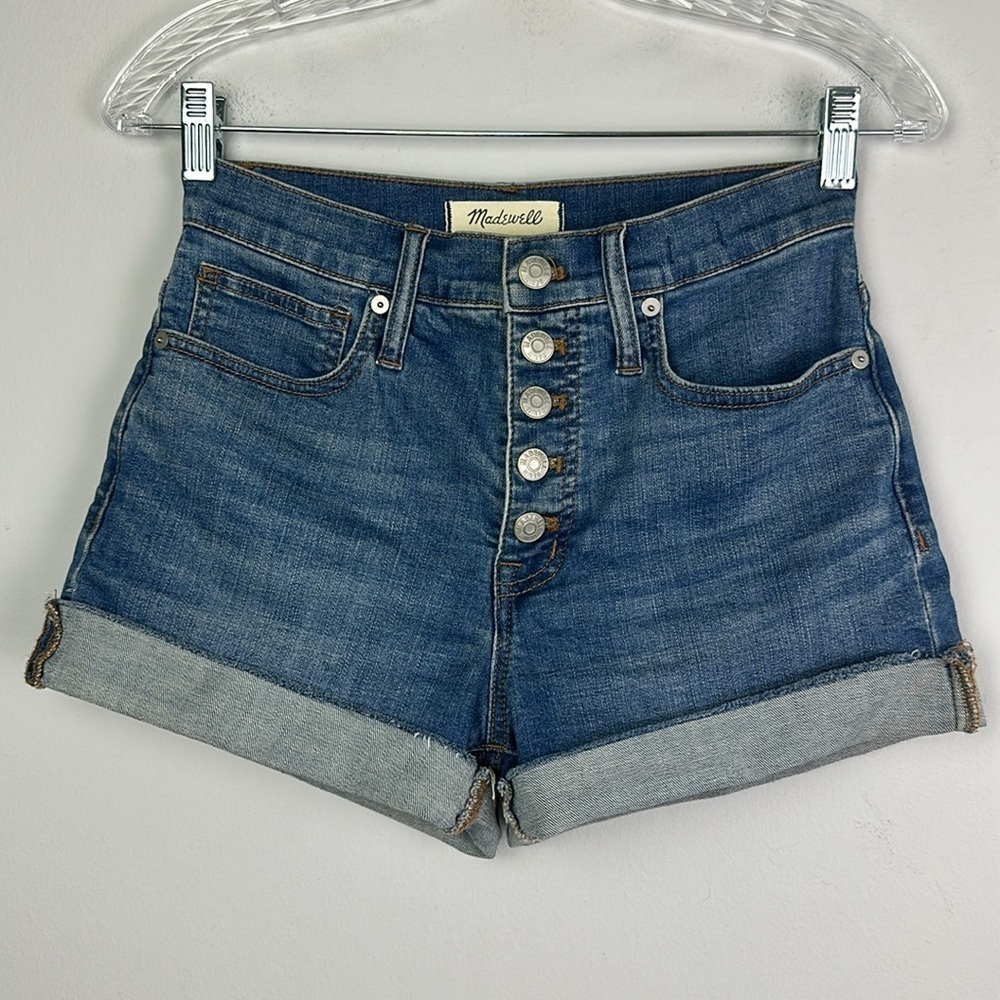 Madewell High Rise Stretch Denim Jean Shorts Size 24 Button Fly Cuffed Frayed